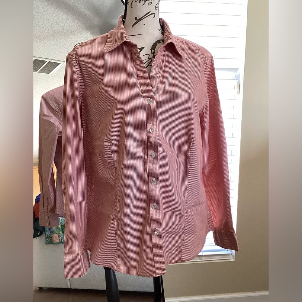 Chico's Red Button-down Holiday Shirt with Silver Threaded White Stripes